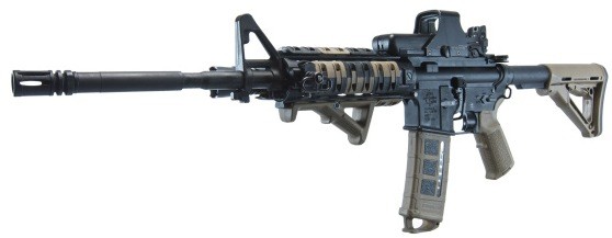 AR-15 chambered in 5.56x45mm NATO AR-15 chambered in 5.56x45mm NATO on a white background.